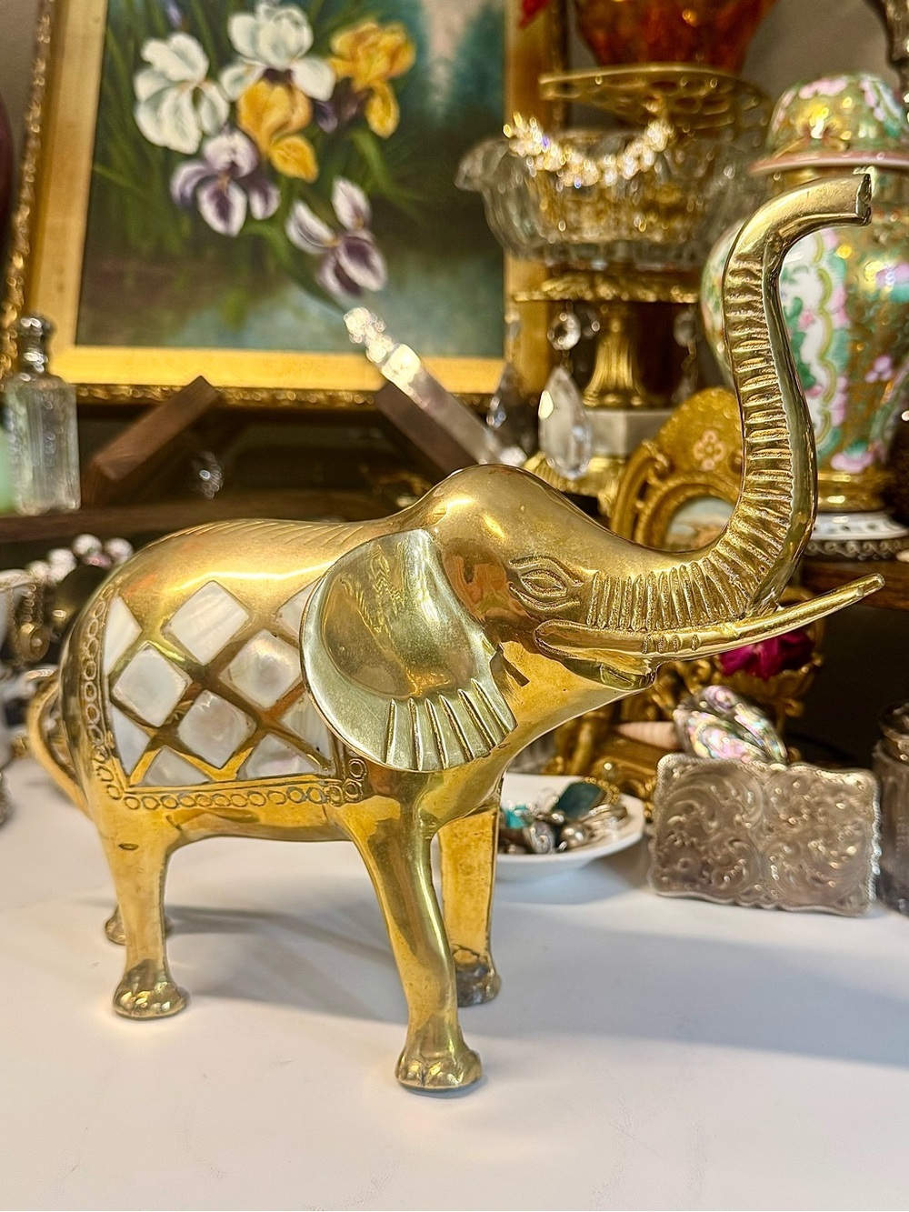 XL Vintage Brass Elephant Inlaid Mother of Pearl Statue - Picture 3 of 5